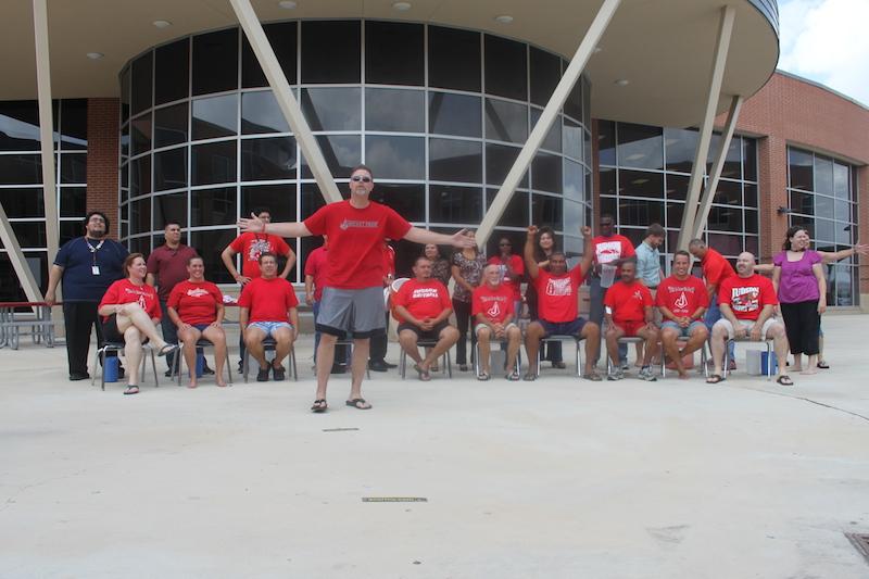 The Judson Administration Team does the Ice Bucket Challenge in the courtyard of Judson High School. The Ice Bucket Challenge has raised $94 million dollars.