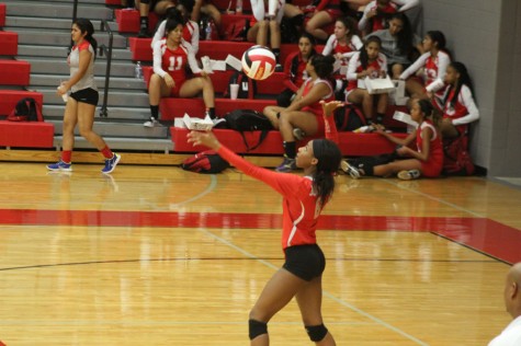 Eleisha Lott serving to the Canyon Cougarettes. The Lady Rockets lost to Canyon in three sets.