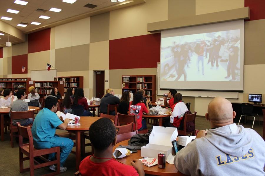 Students of the second Rocket Pride Award watch this years Lip Dub with Mr. Hernandez.