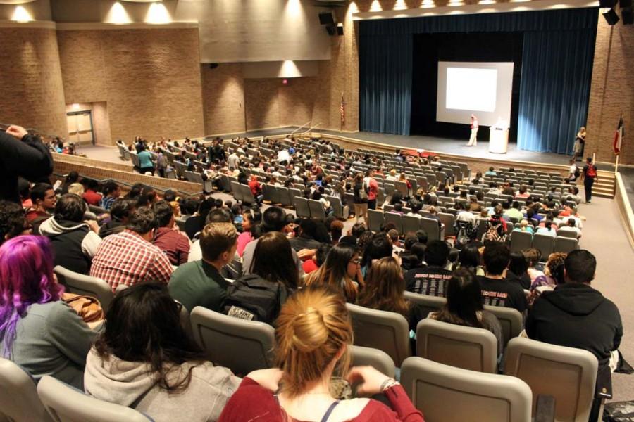Seniors sit attentively while teachers and administrations discuss graduation, prom, senior activities, and project graduation. Prom is schedule for April 18 at Shrine Auditorium.