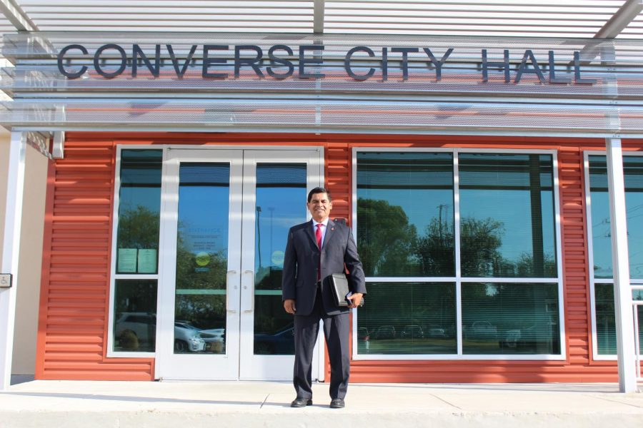 Mayor Suarez poses in front of the Converse City Hall. He is starting his 13th year in office.