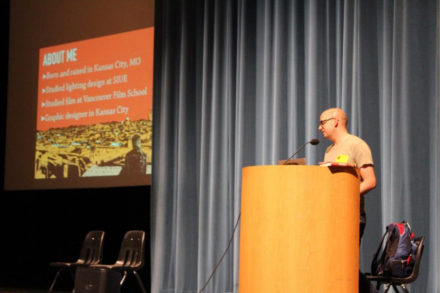 Author Adib Khorram speaks in front of a group of students in the Performing Arts Center. He spoke about his life and inspiration behind his first published novel “Darius The Great Is Not Okay.”