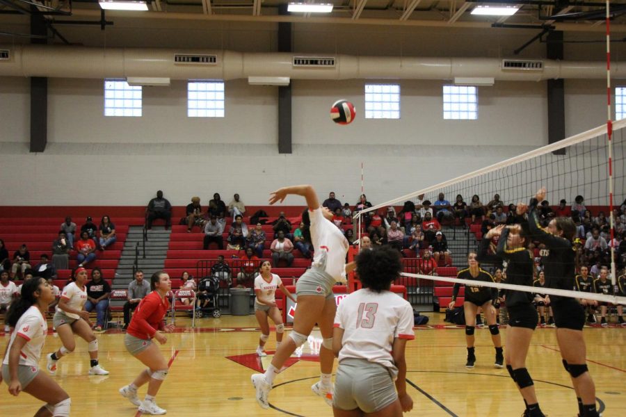 Junior Tatyanna Gladden spikes the ball towards the East Central defense. However, the Rockets fall to East Central 0-3.