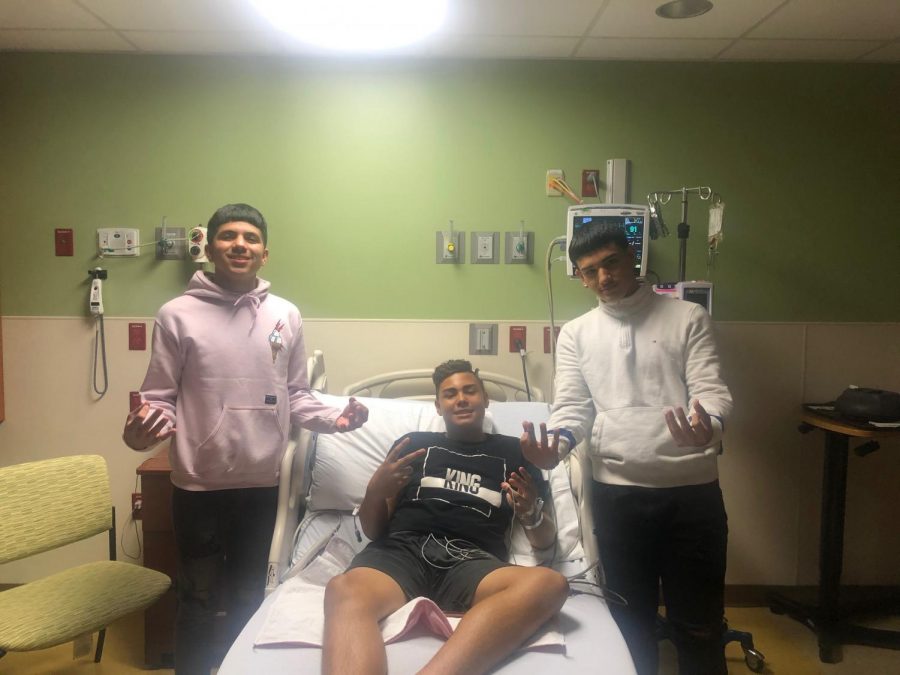 Senior+Michael+Trevino+%28Left%29+and+sophomore+Xavier+Estrada+%28Right%29+show+up+to+support+freshman+Jordan+Gottachalk+for+his+surgery.