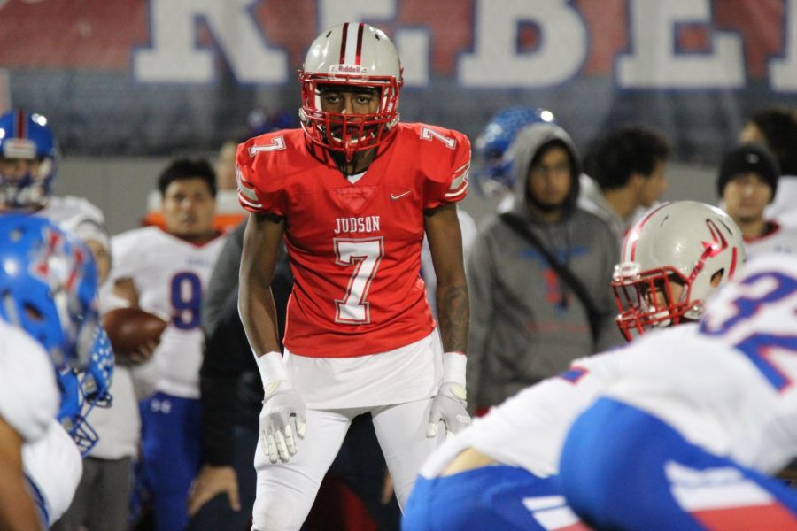 Senior Keronn Napoleon spies on the quarterback before the snap. Judson won the game 56-21, ahead of their game this week against Reagan.