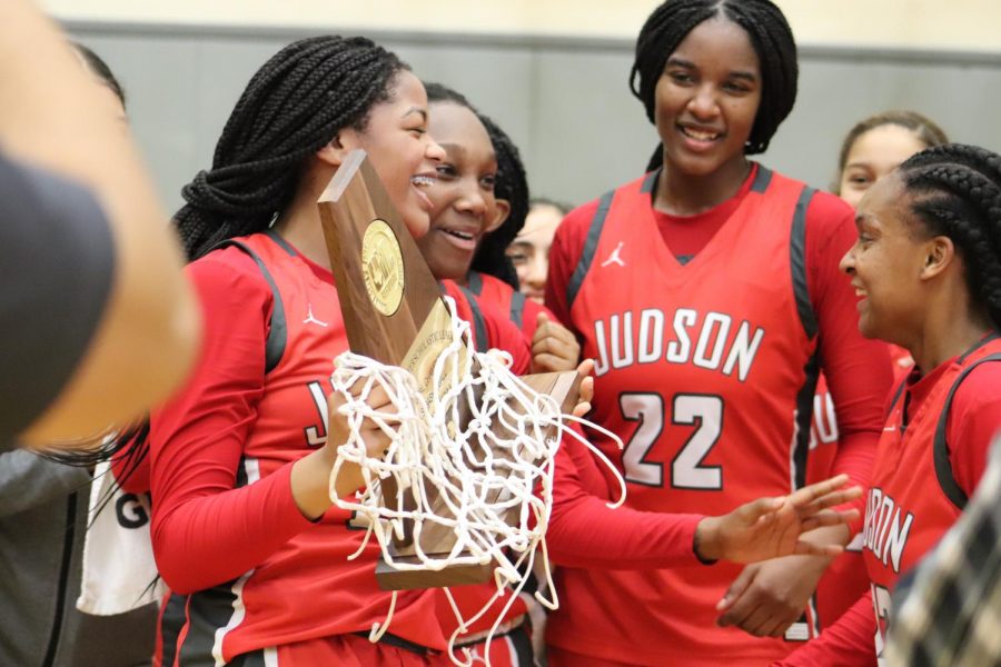 The girls celebrate their regional championship after beating Westlake, 50-47. This is Judsons fourth consecutive appearance at the state tournament.