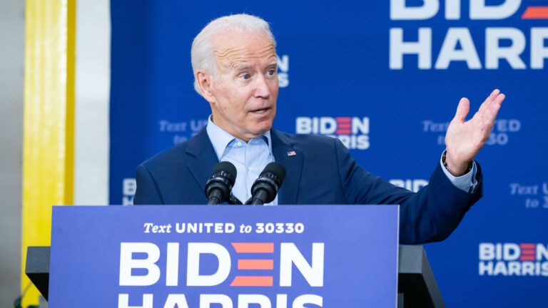 Joe Biden speaks to the Jerry Alander Carpenter Training Facility in Duluth, MN.