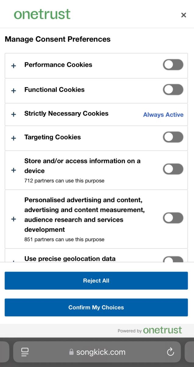 The image displays a cookie agreement from SongKick.com, requiring users to consent to the use of cookies and their information by more than 800 third party partners.